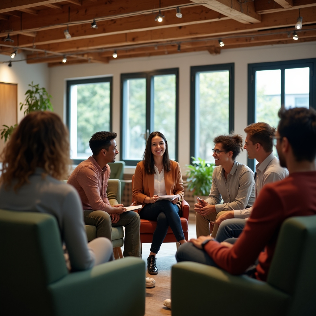 Gruppe von fünf Personen sitzt im Kreis in einem hellen Workshopraum und übt Gesprächssituationen